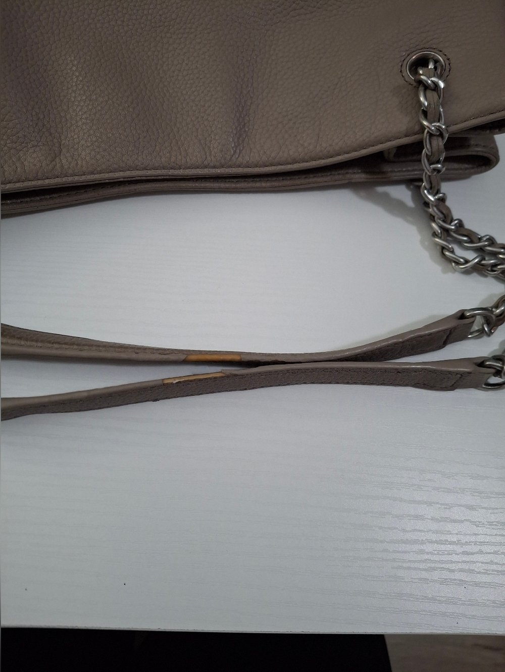 Tory Burch Taupe Pebbled Leather Chain Strap Tote Shoulder Bag Large - Picture 9 of 10